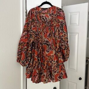 Olivaceous Baby Doll Dress with Orange Purple Black motif Tiered Sz Medium NWOT